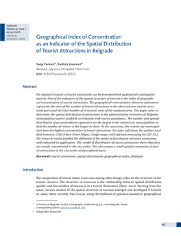 Geographical Index of Concentration As an Indicator of the Spatial Distribution of Tourist Attractions in Belgrade