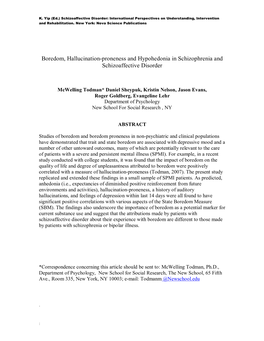 Boredom, Hallucination-Proneness and Hypohedonia in Schizophrenia and Schizoaffective Disorder