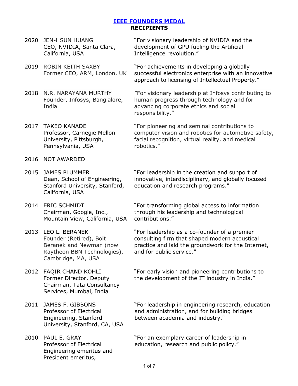 Ieee Founders Medal Recipients