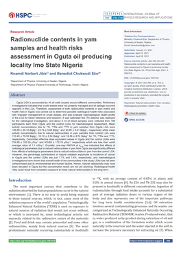 Radionuclide Contents in Yam Samples and Health Risks Assessment in Oguta Oil Producing Locality Imo State Nigeria