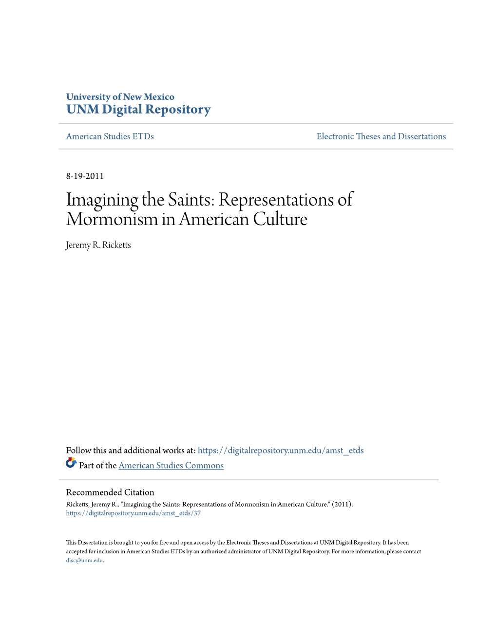 Representations of Mormonism in American Culture Jeremy R