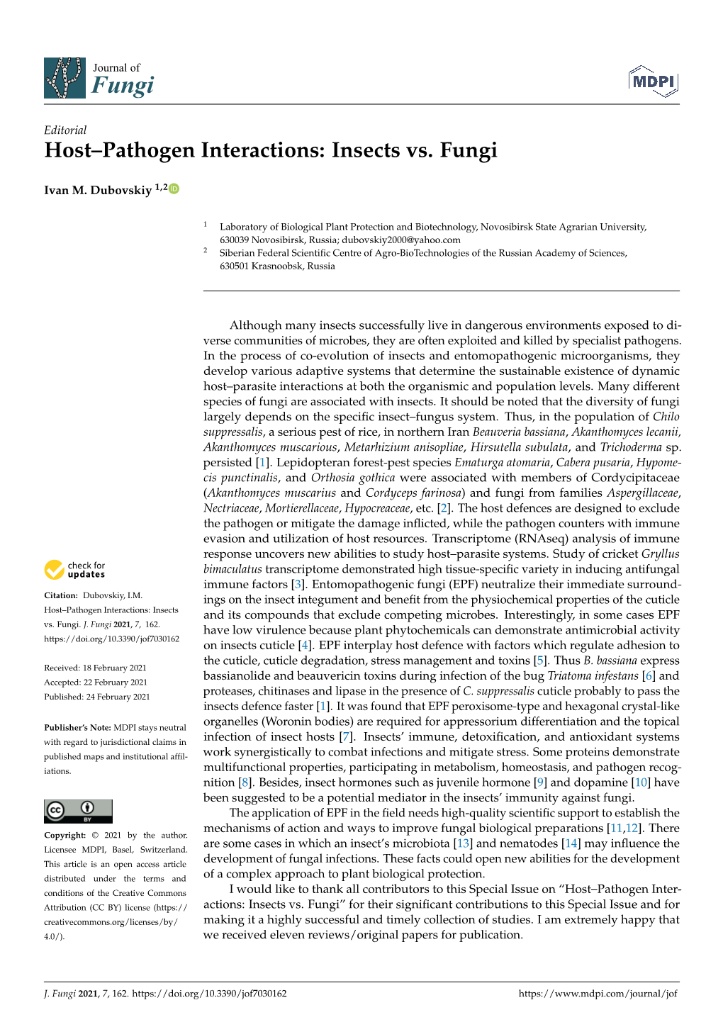 Host–Pathogen Interactions: Insects Vs. Fungi