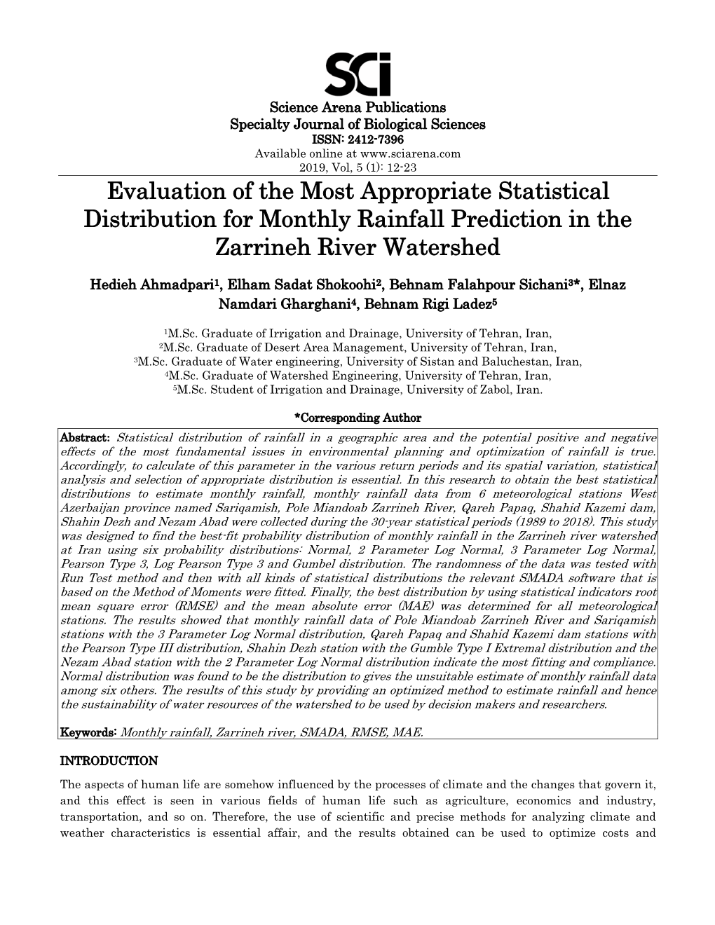 Evaluation of the Most Appropriate Statistical Distribution for Monthly Rainfall Prediction in the Zarrineh River Watershed