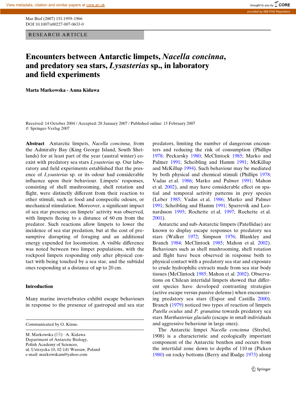 Encounters Between Antarctic Limpets, Nacella Concinna, and Predatory Sea Stars, Lysasterias Sp., in Laboratory and Weld Experiments