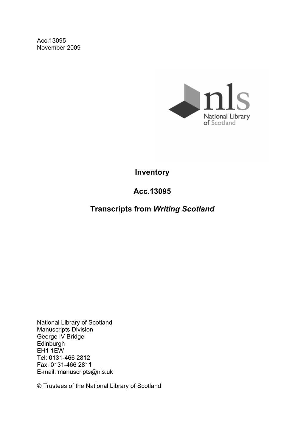 Inventory Acc.13095 Transcripts from Writing Scotland