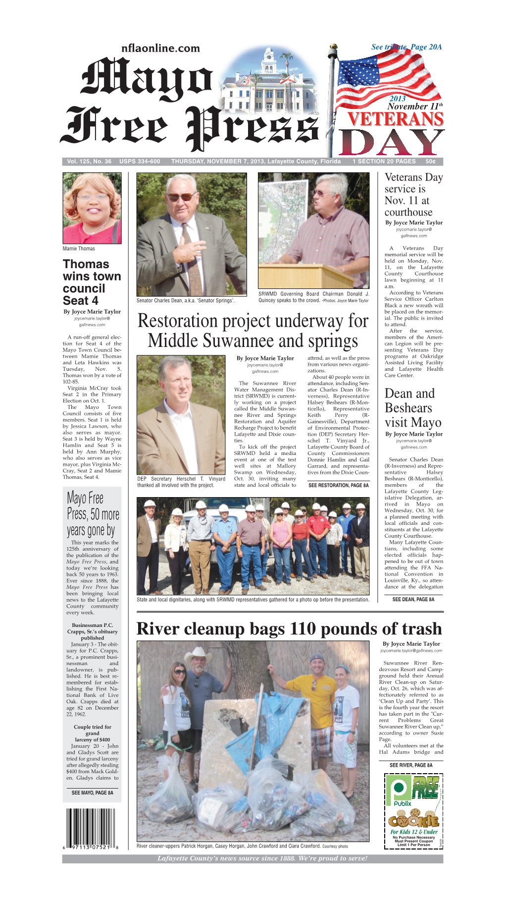 Restoration Project Underway for Middle Suwannee and Springs Continued from Page 1A Region