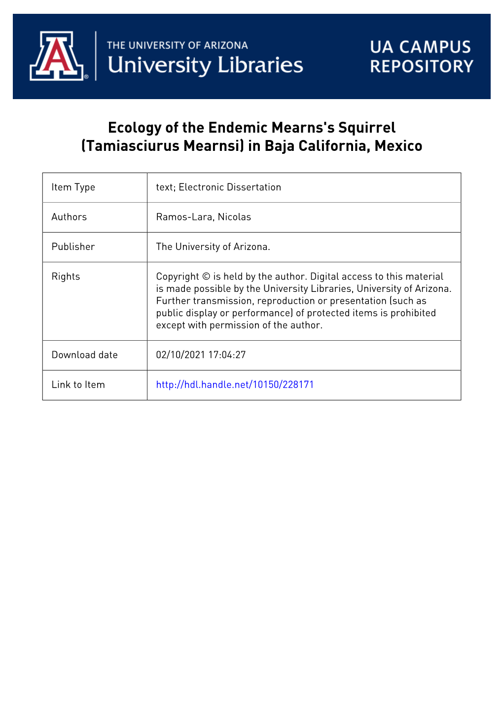 Ecology of the Endemic Mearns's Squirrel (Tamiasciurus Mearnsi) in Baja California, Mexico