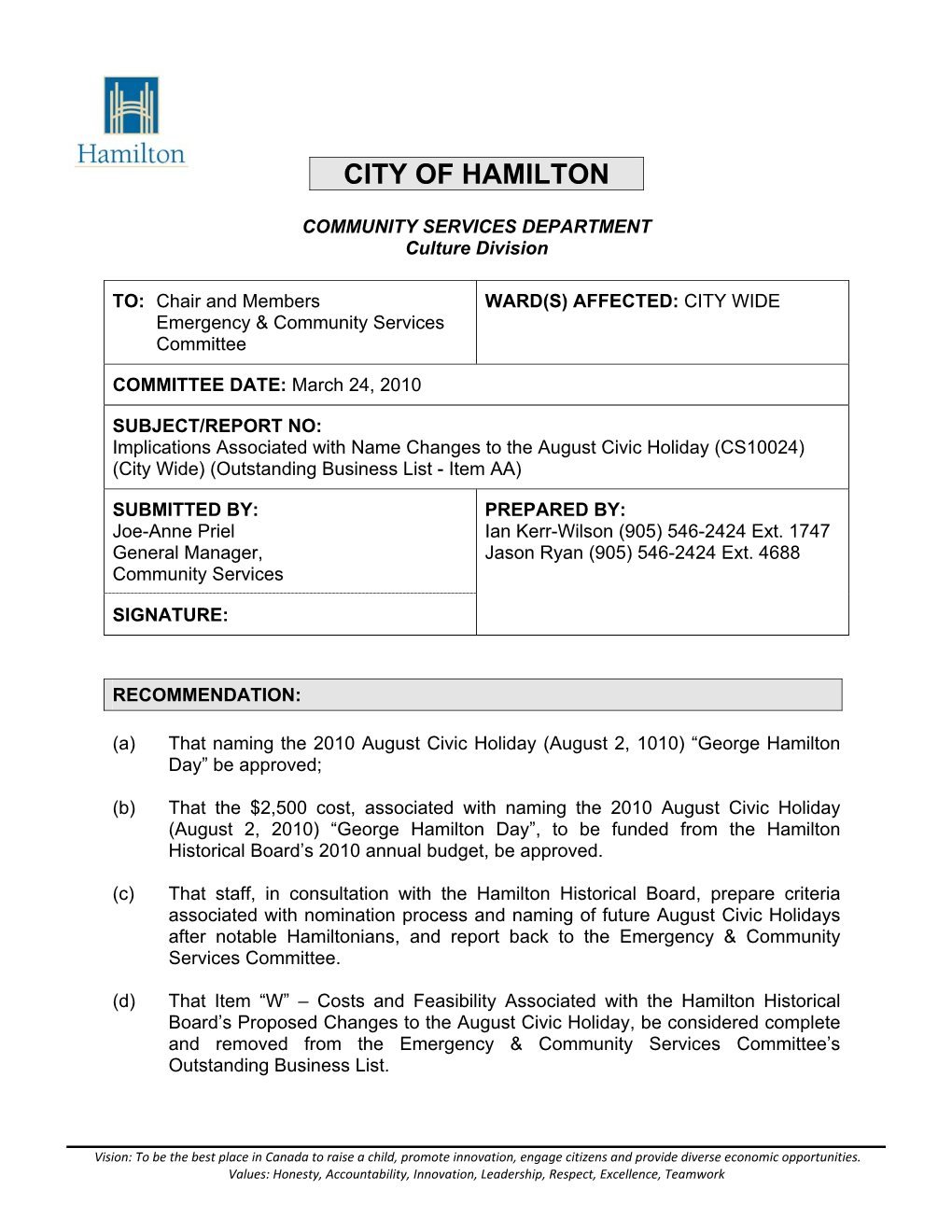 Implications Associated with Name Changes to the August Civic Holiday (CS10024) (City Wide) (Outstanding Business List - Item AA)