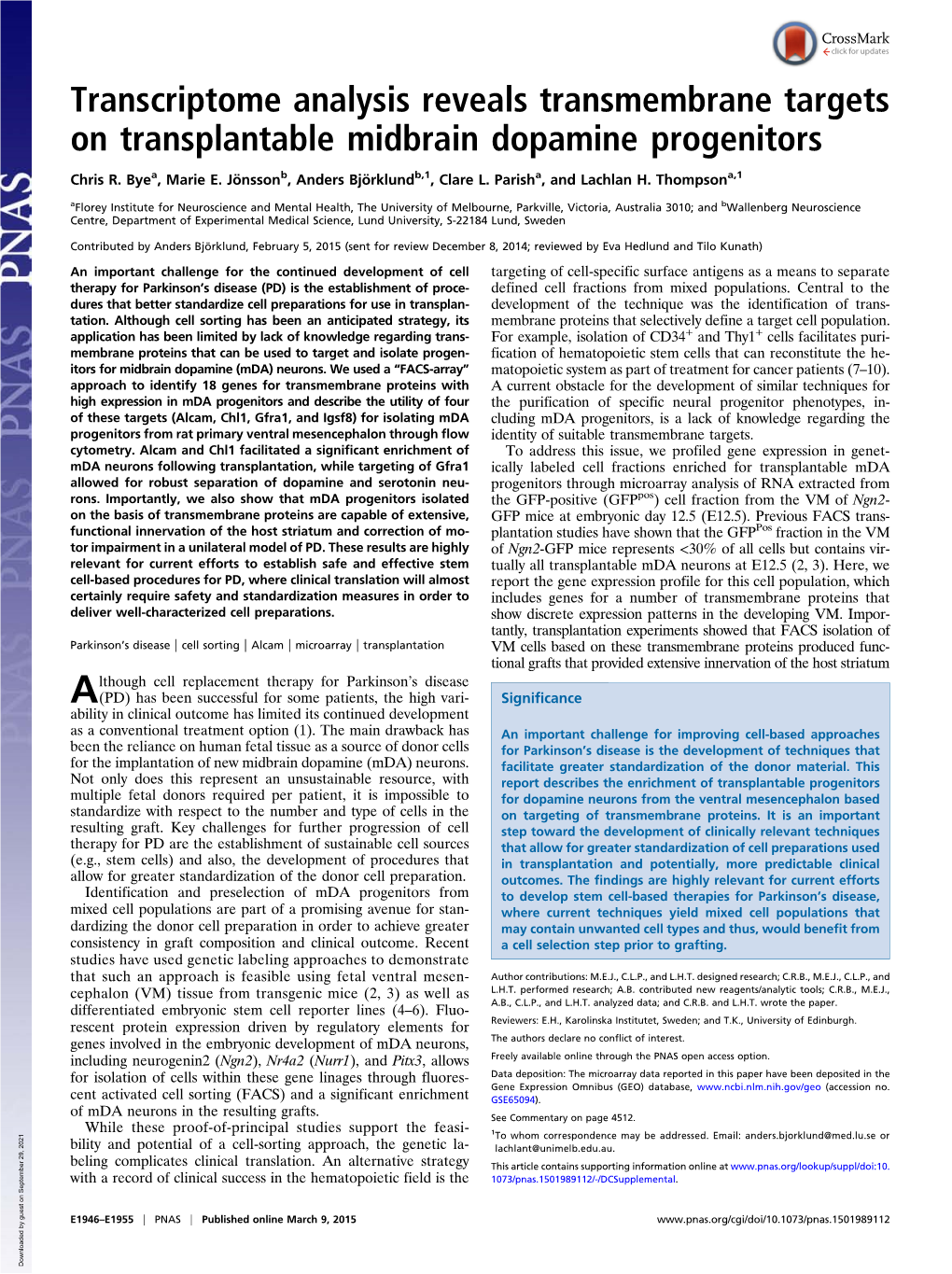 Transcriptome Analysis Reveals Transmembrane Targets on Transplantable Midbrain Dopamine Progenitors