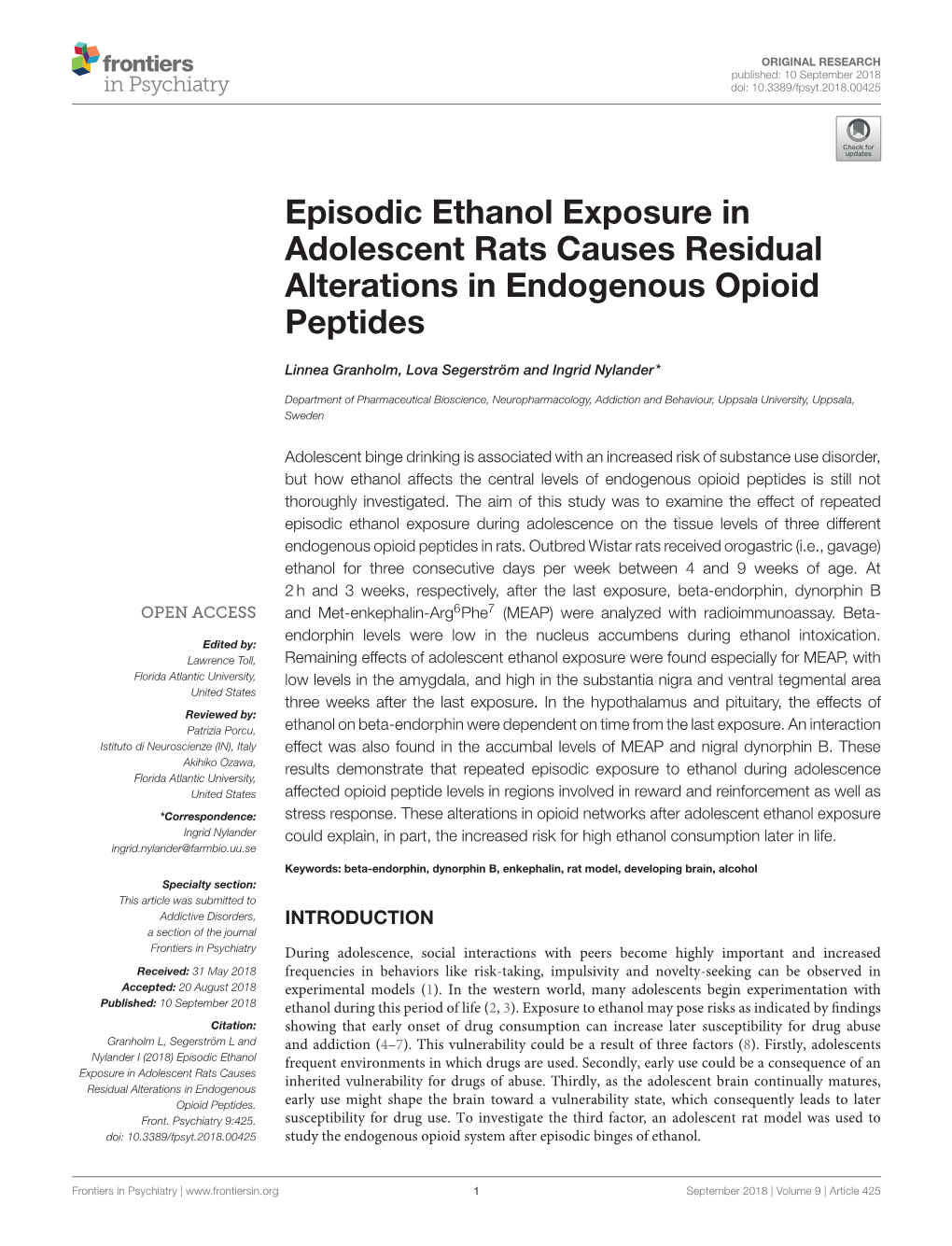Episodic Ethanol Exposure in Adolescent Rats Causes Residual Alterations in Endogenous Opioid Peptides