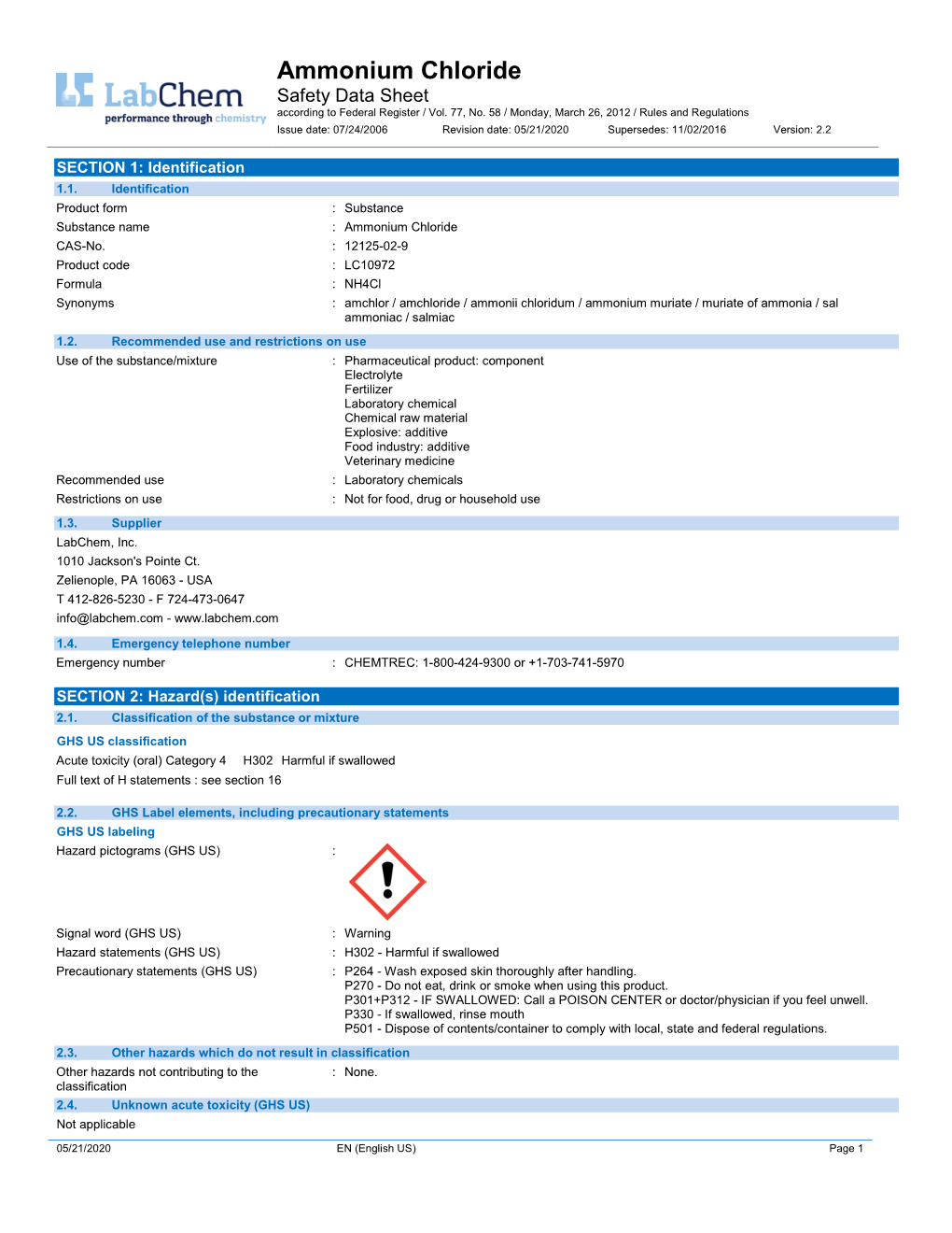 Ammonium Chloride Safety Data Sheet According to Federal Register / Vol