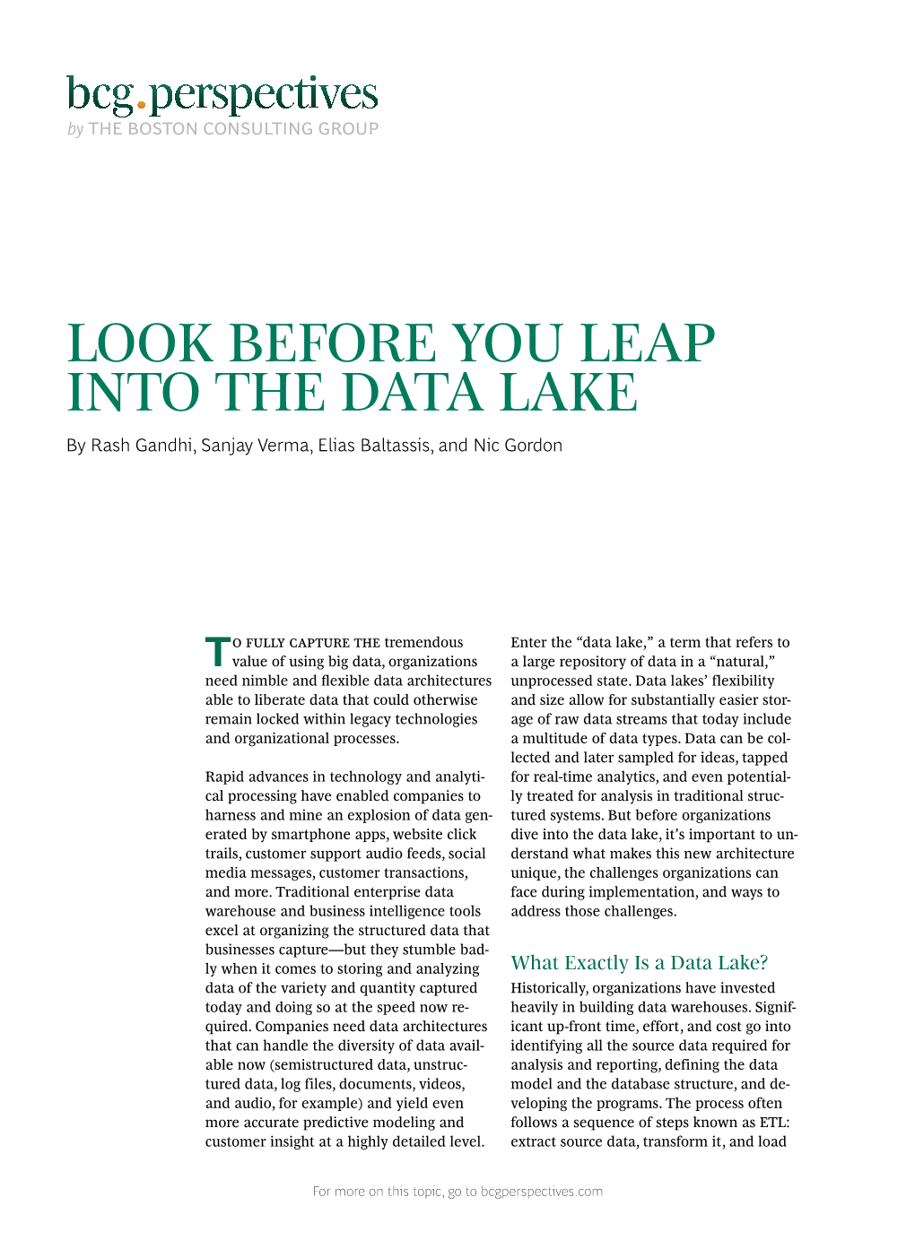 LOOK BEFORE YOU LEAP INTO the DATA LAKE by Rash Gandhi, Sanjay Verma, Elias Baltassis, and Nic Gordon