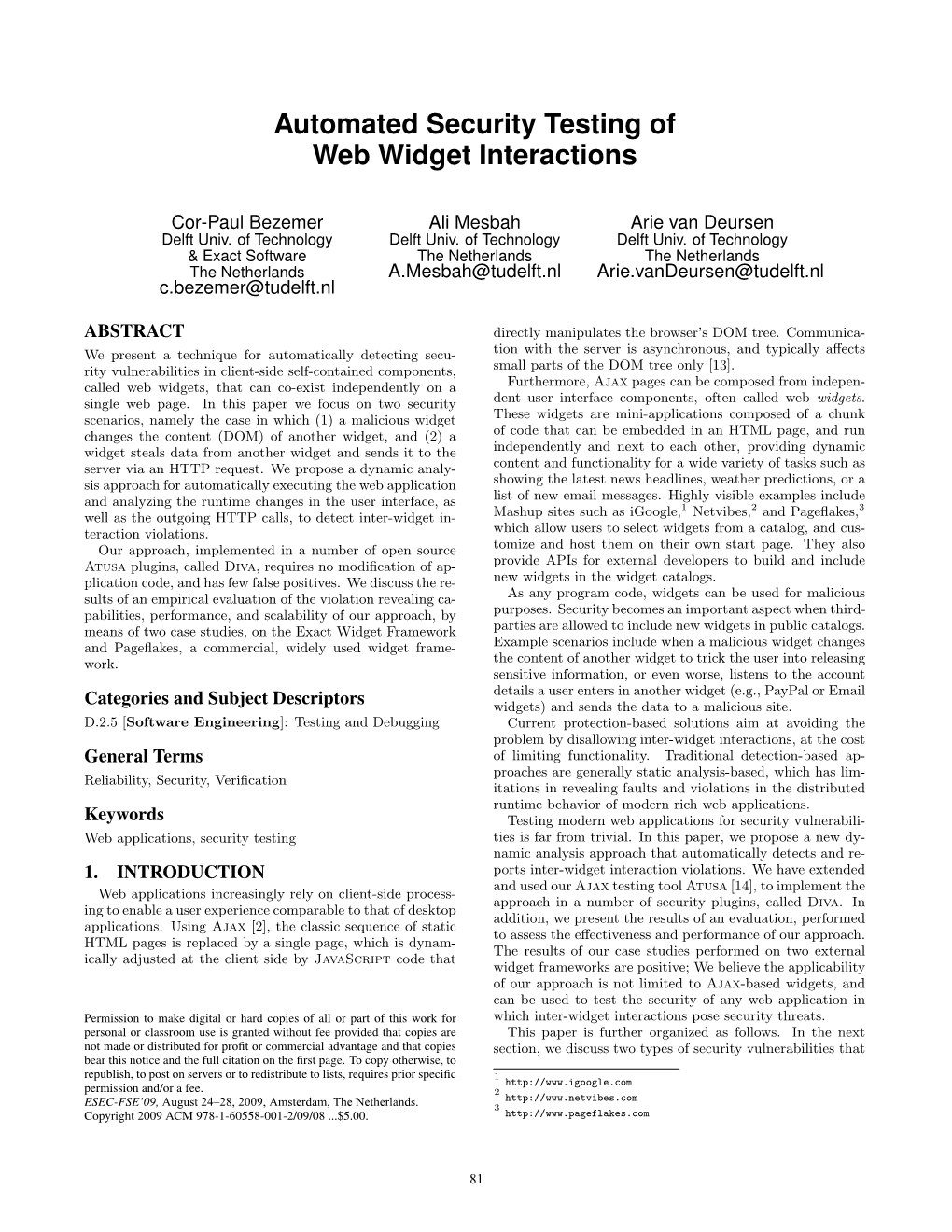 Automated Security Testing of Web Widget Interactions