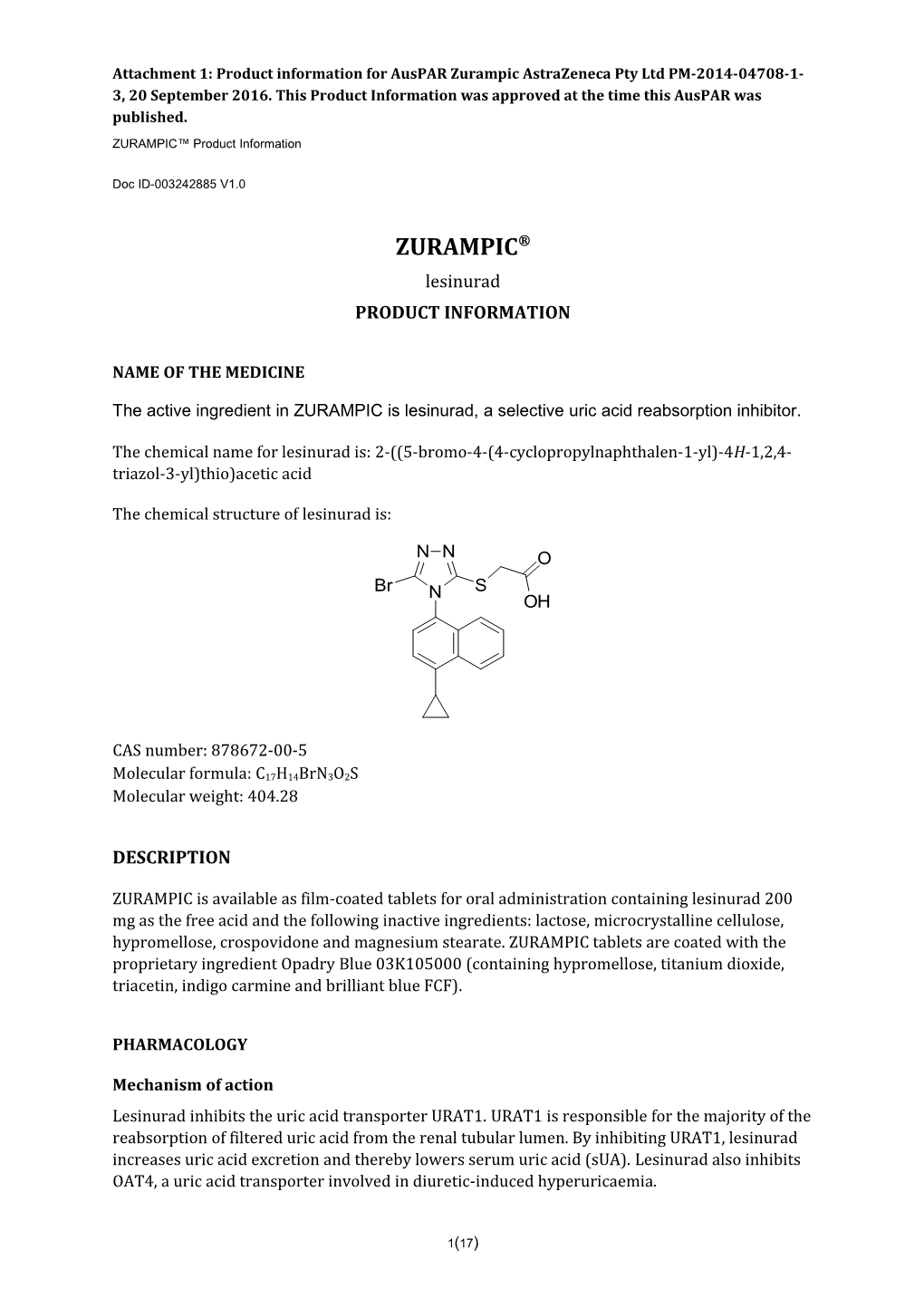 Attachment 1: Product Information for Lesinurad