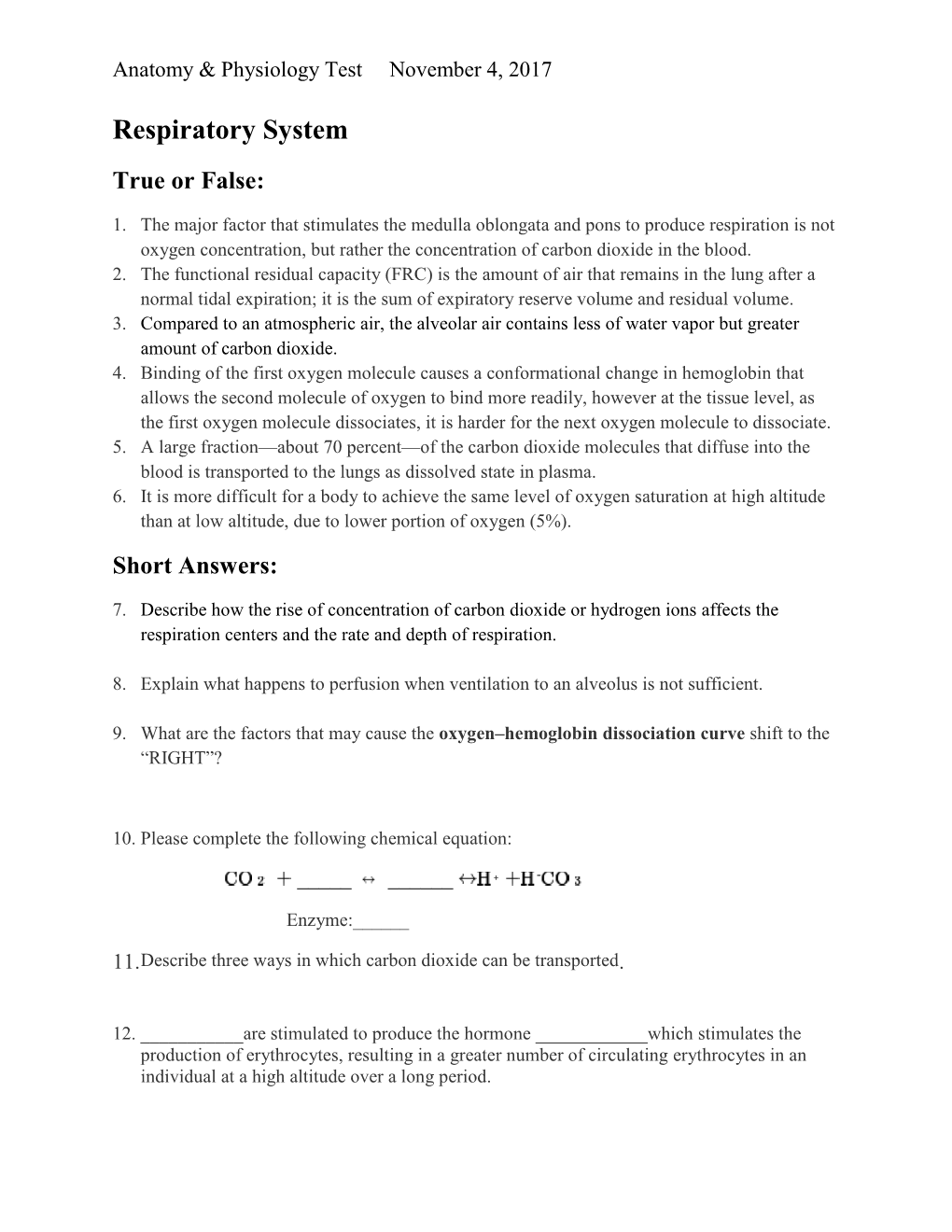 Respiratory System True Or False