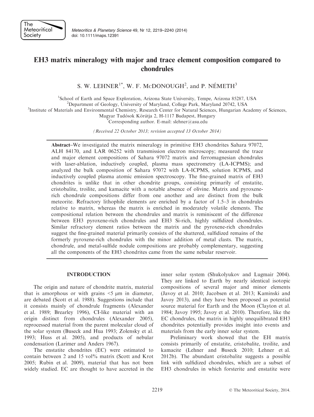 EH3 Matrix Mineralogy with Major and Trace Element Composition Compared to Chondrules