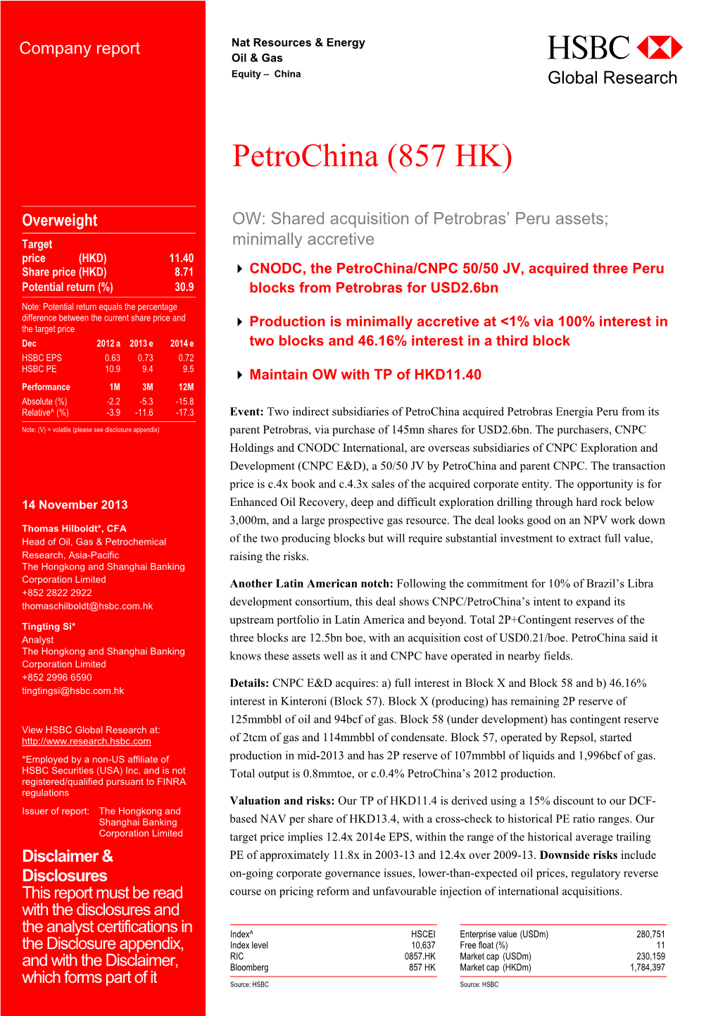 Petrochina (857 HK)-OW: Shared Acquisition of Petrobras' Peru