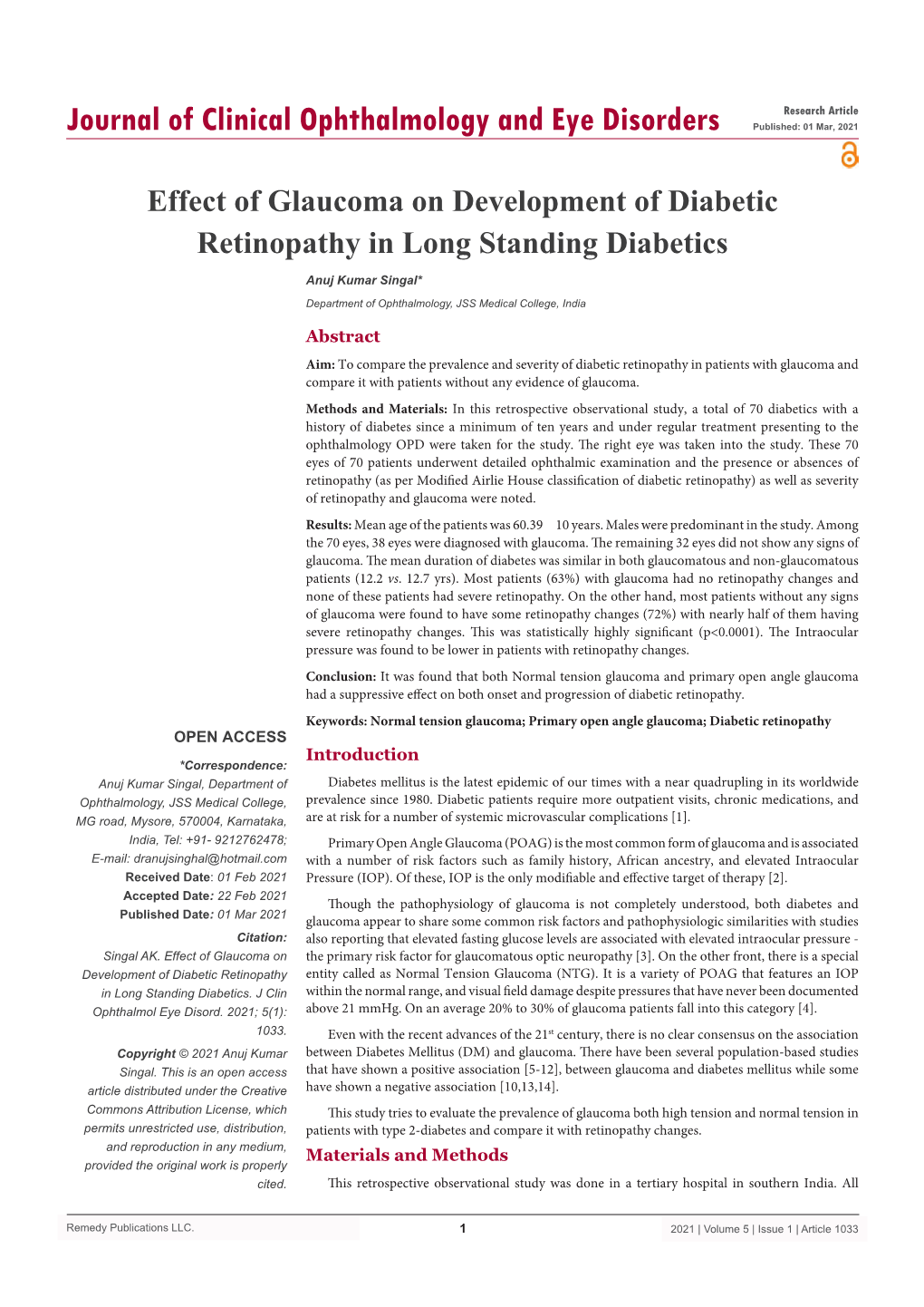 Effect of Glaucoma on Development of Diabetic Retinopathy in Long Standing Diabetics