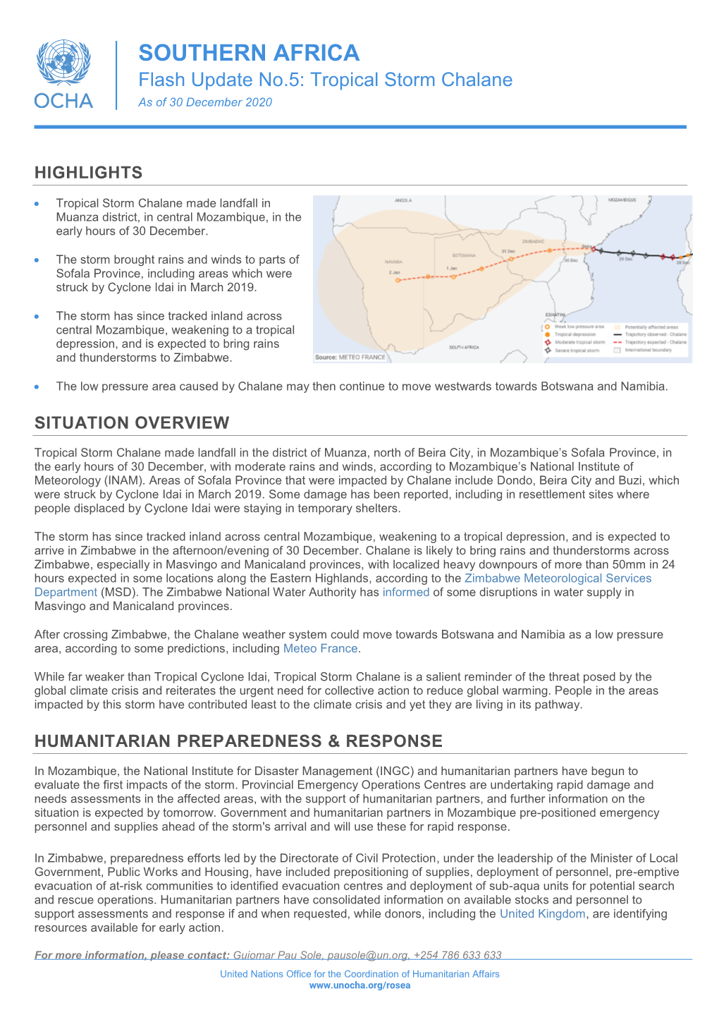 SOUTHERN AFRICA Flash Update No.5: Tropical Storm Chalane As of 30 December 2020