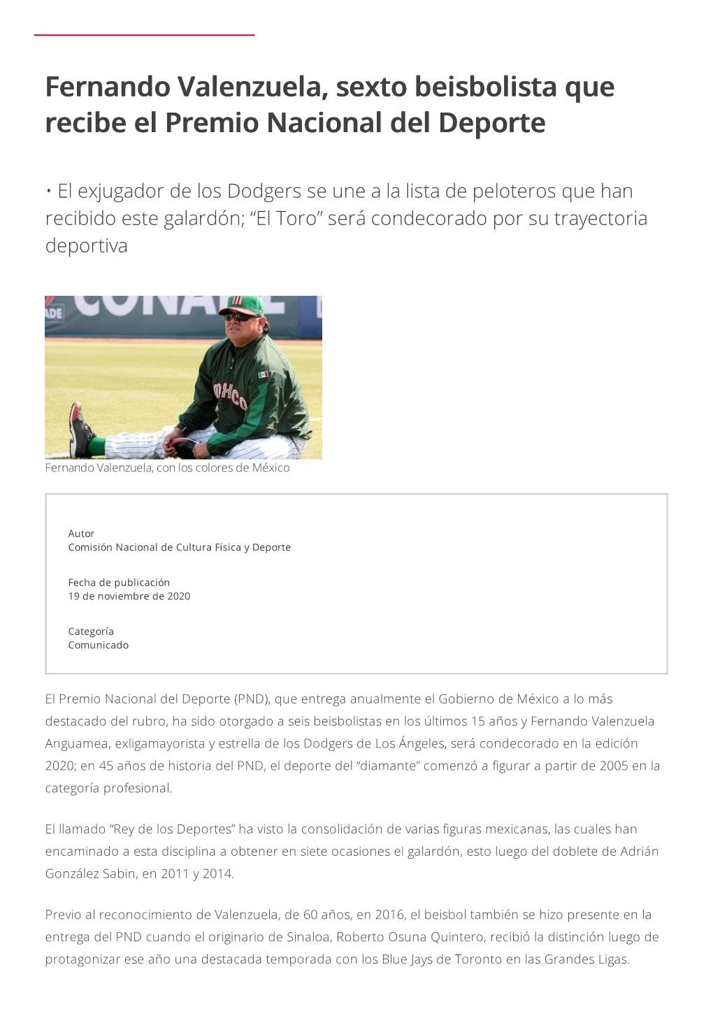Fernando Valenzuela, Sexto Beisbolista Que Recibe El Premio Nacional Del Deporte