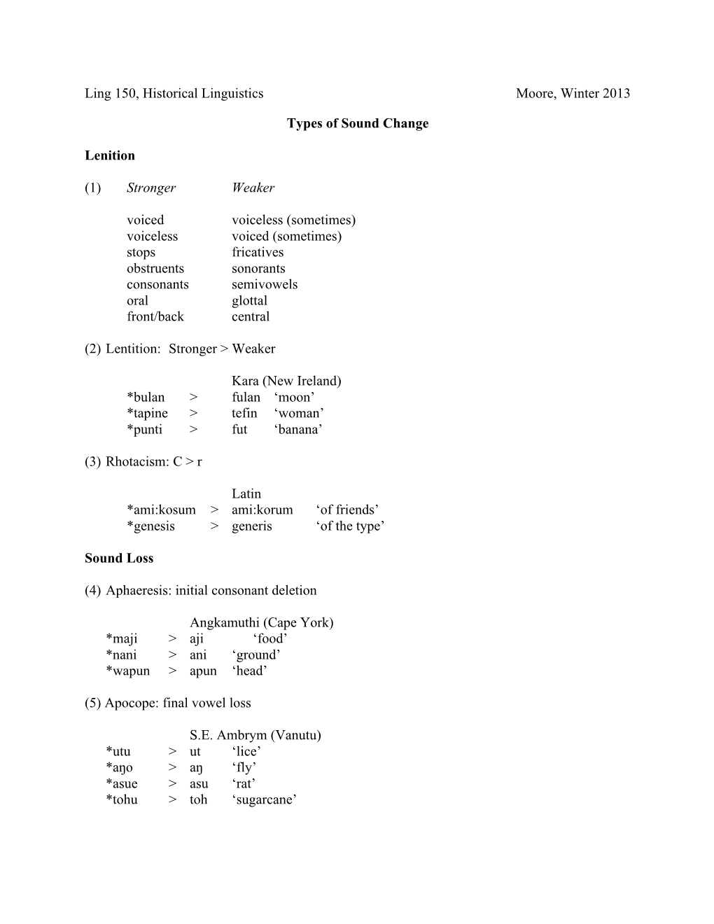 Ling 150, Historical Linguistics Moore, Winter 2013 Types of Sound Change Lenition