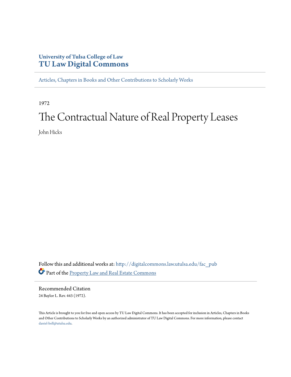 The Contractual Nature of Real Property Leases-Forms the Subject Matter of This Paper