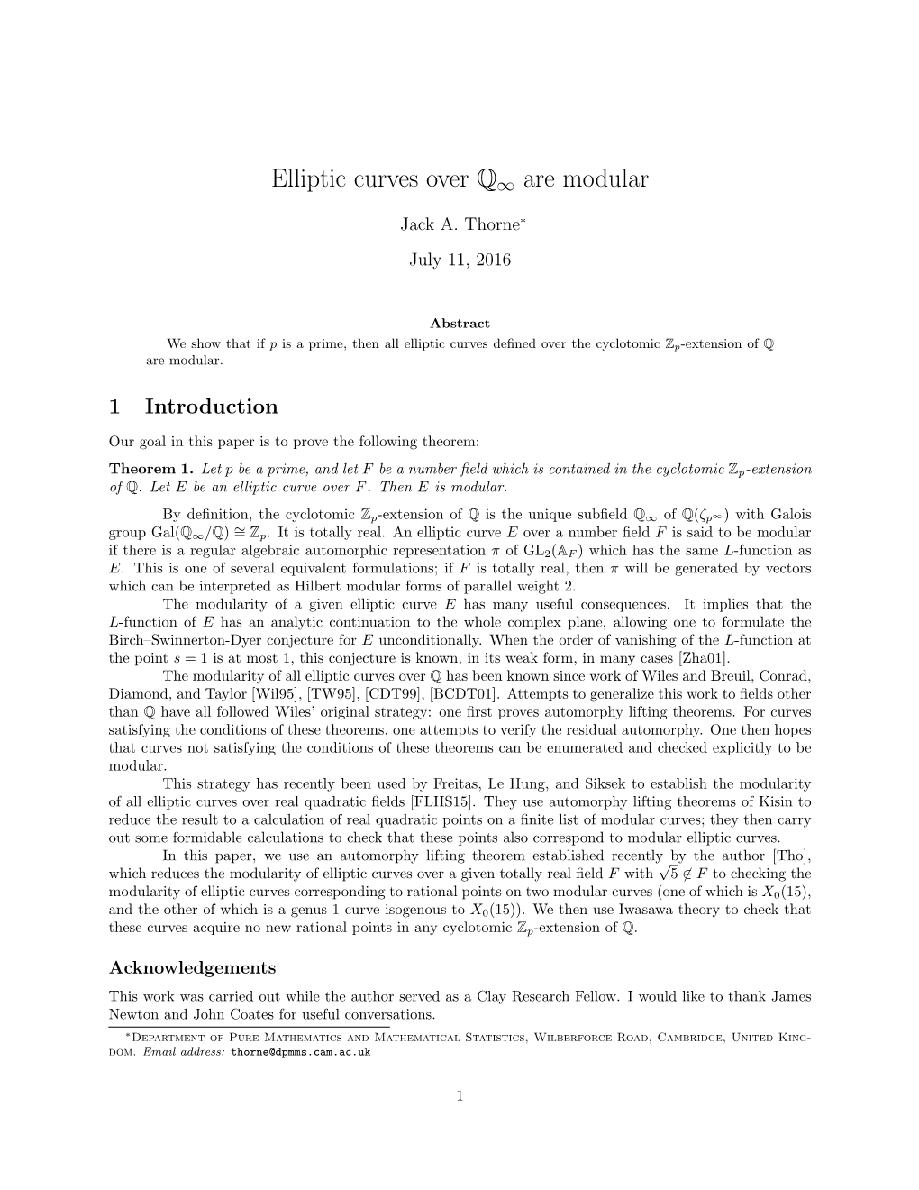 Elliptic Curves Over Q∞ Are Modular