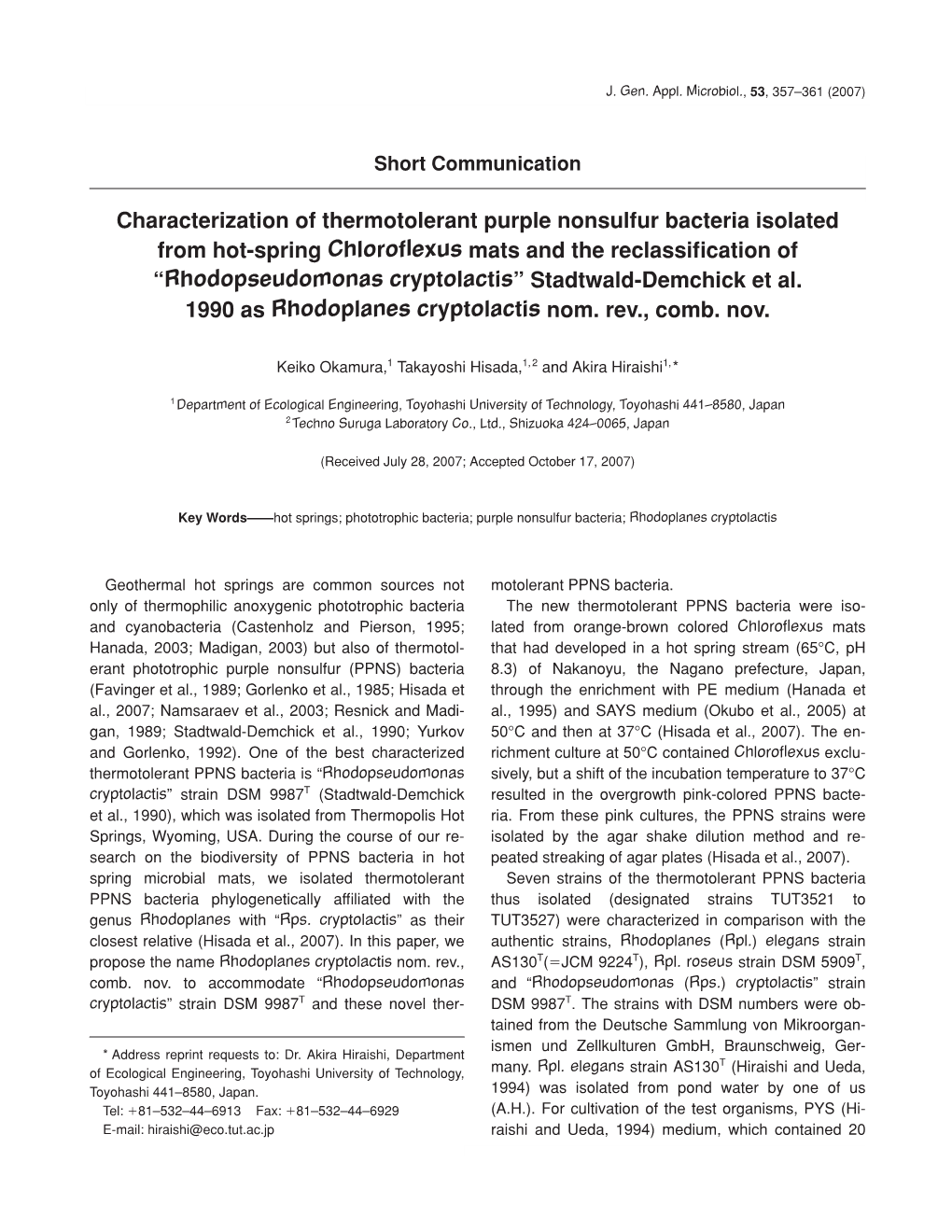 Characterization of Thermotolerant Purple Nonsulfur Bacteria Isolated