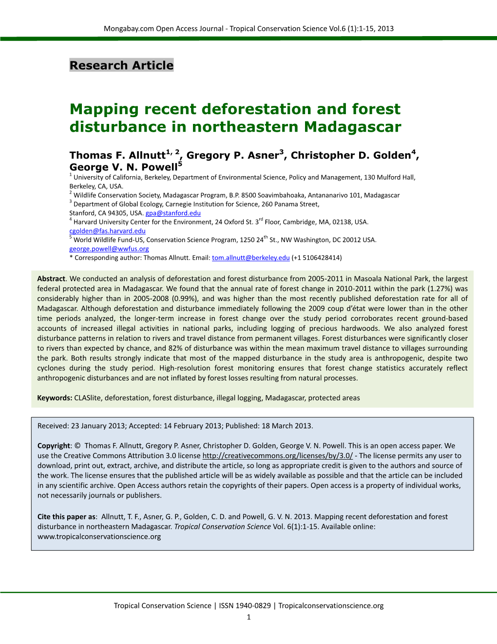 Mapping Recent Deforestation and Forest Disturbance in Northeastern Madagascar