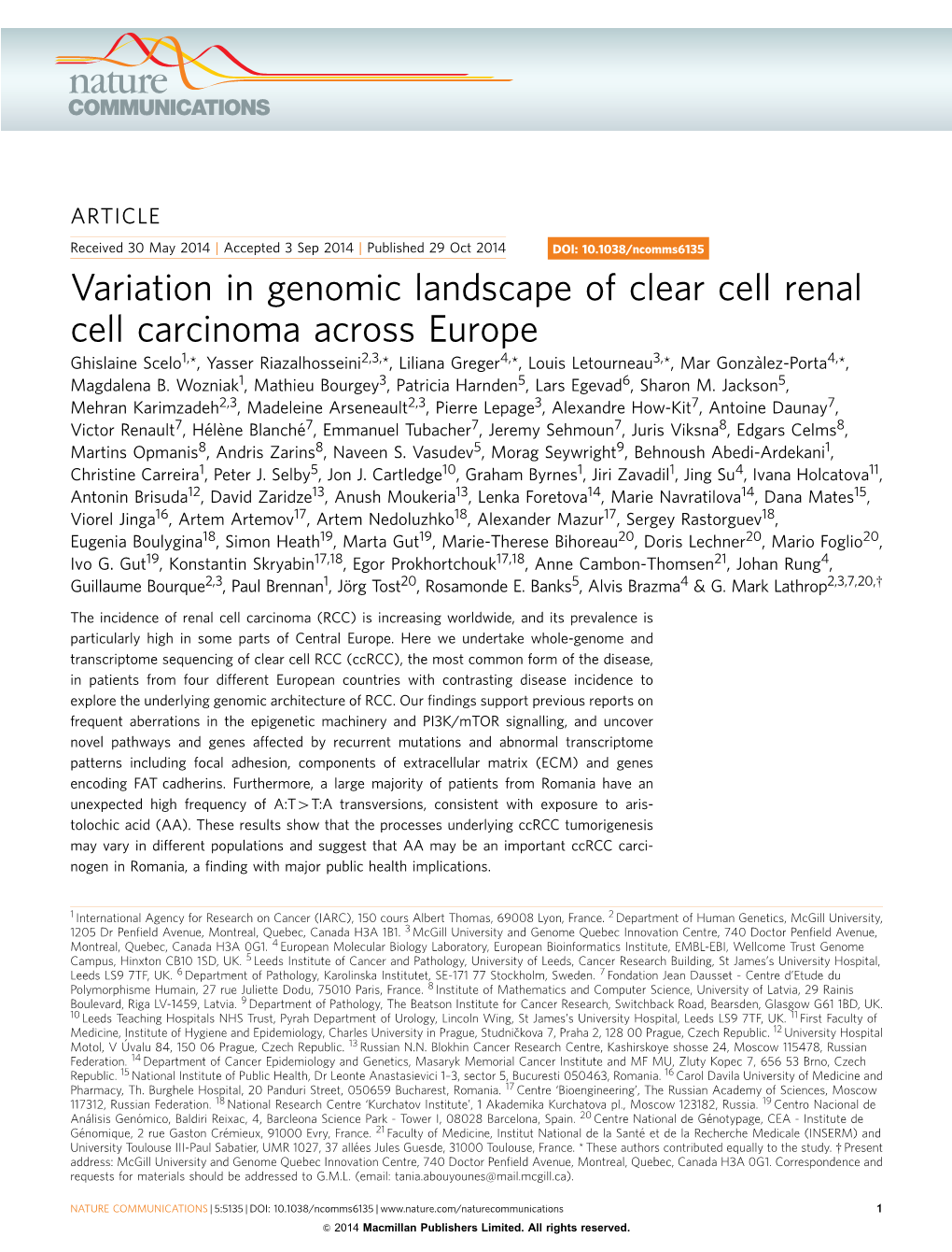 Variation in Genomic Landscape of Clear Cell Renal Cell Carcinoma