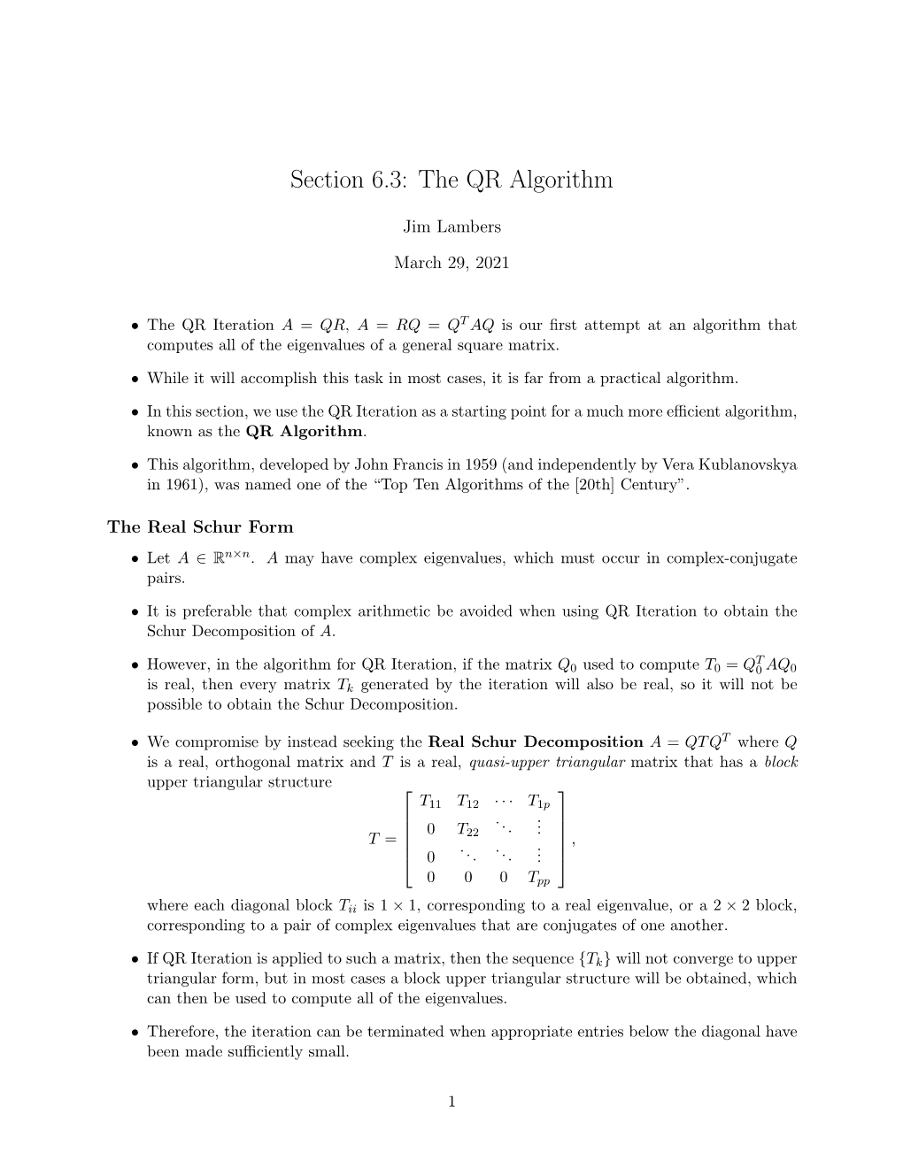 Section 6.3: the QR Algorithm