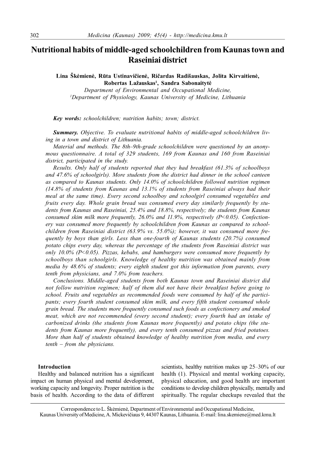 Nutritional Habits of Middle-Aged Schoolchildren from Kaunas Town and Raseiniai District