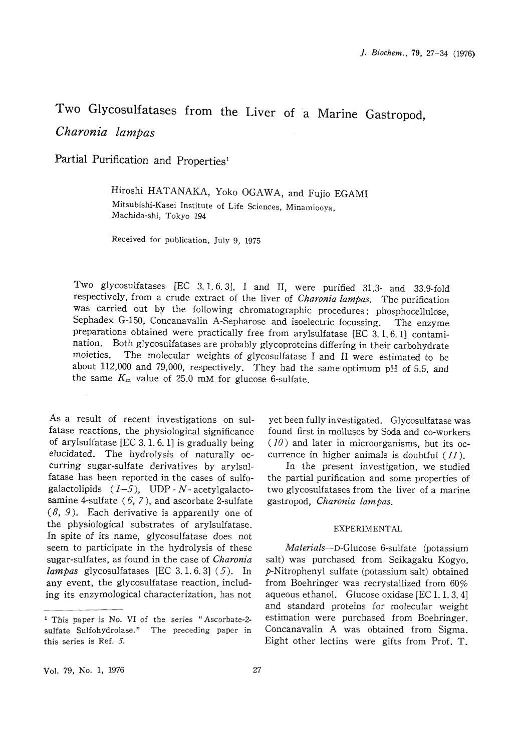 Two Glycosulfatases from the Liver of a Marine Gastropod , Charonia Lampas