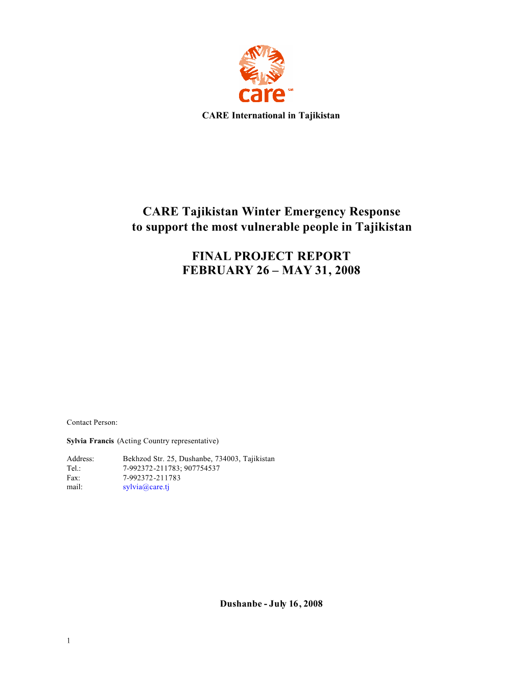 Fnal Report on DFID Funded CARE Winter Emergency Activities 160708