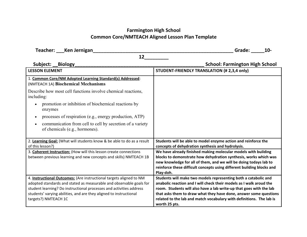 Common Core/NMTEACH Aligned Lesson Plan Template