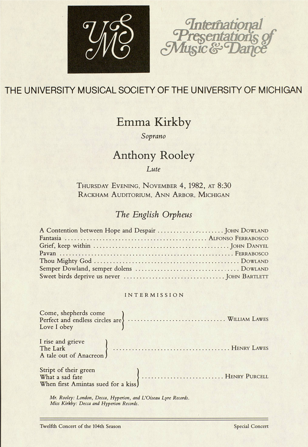 Emma Kirkby Soprano Anthony Rooley Lute