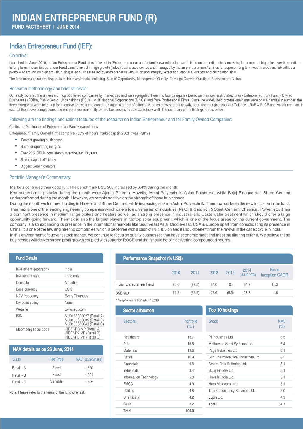 Indian Entrepreneur Fund (R) Fund Factsheet I June 2014