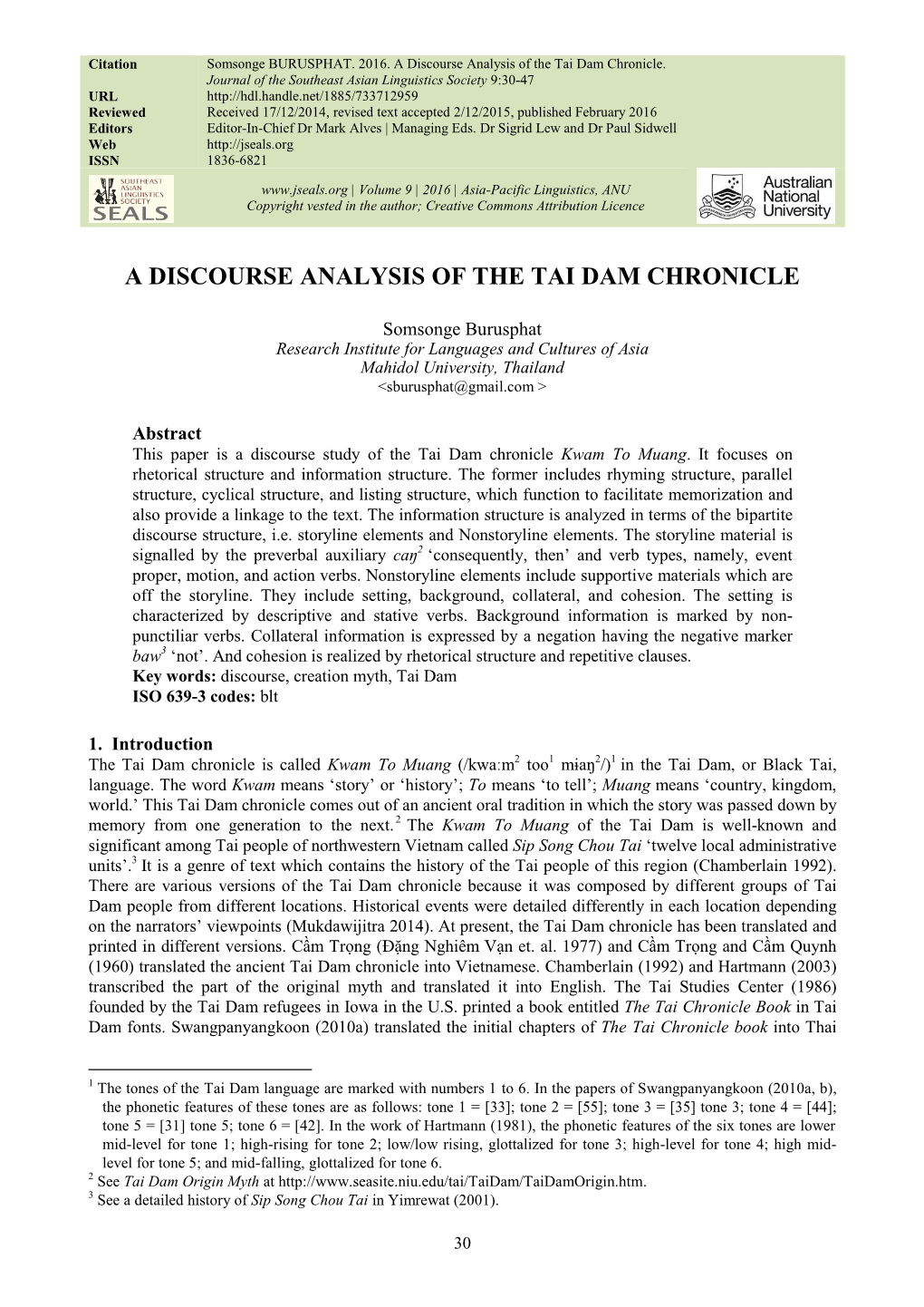 A Discourse Analysis of the Tai Dam Chronicle