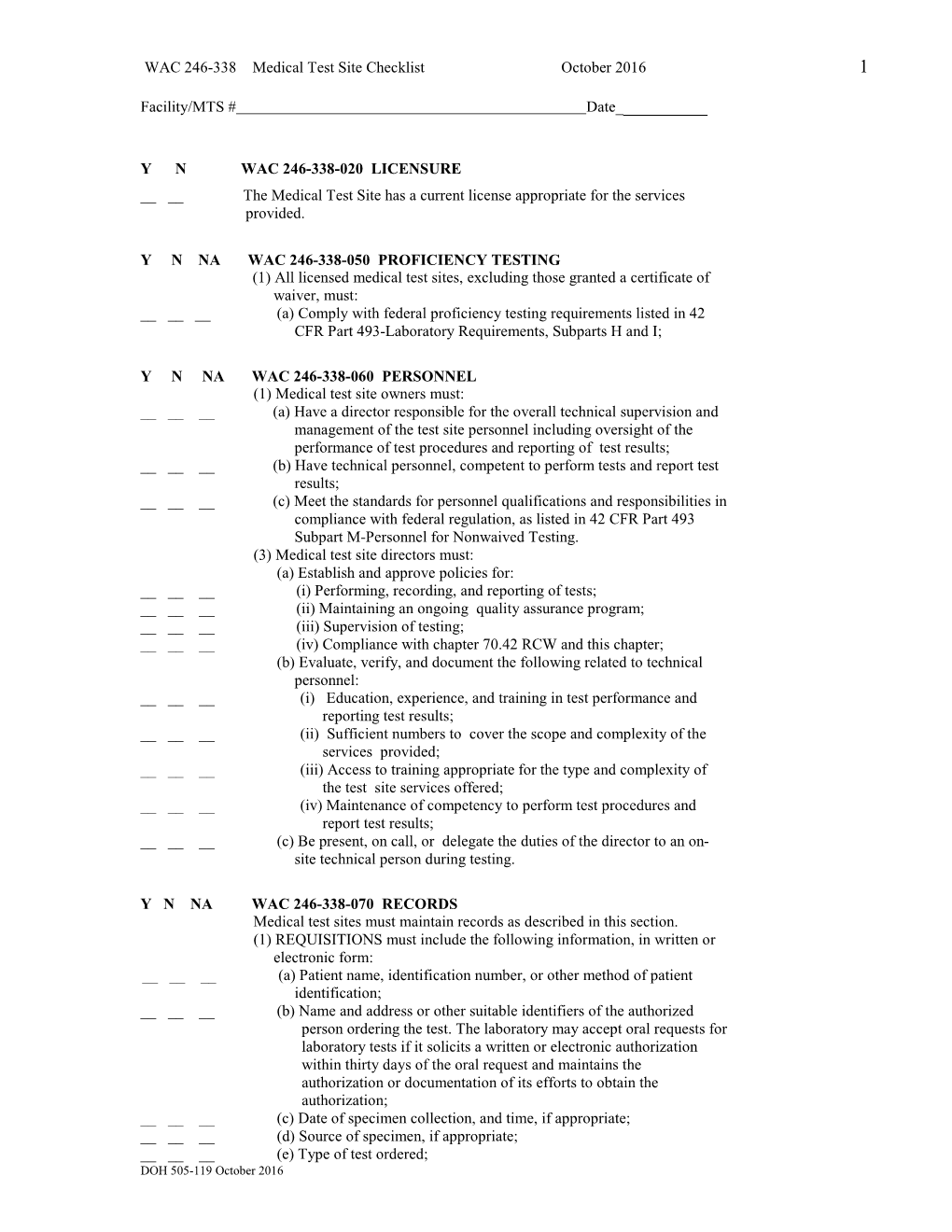 WAC 246-338 Medical Test Site Checklist October 2016 1