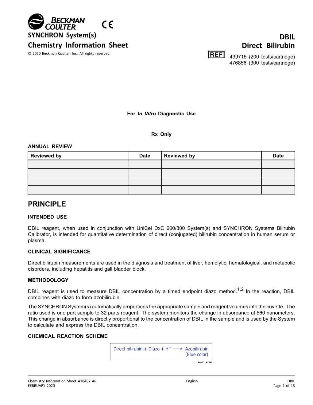 DBIL Chemistry Information Sheet Direct Bilirubin © 2020 Beckman Coulter, Inc