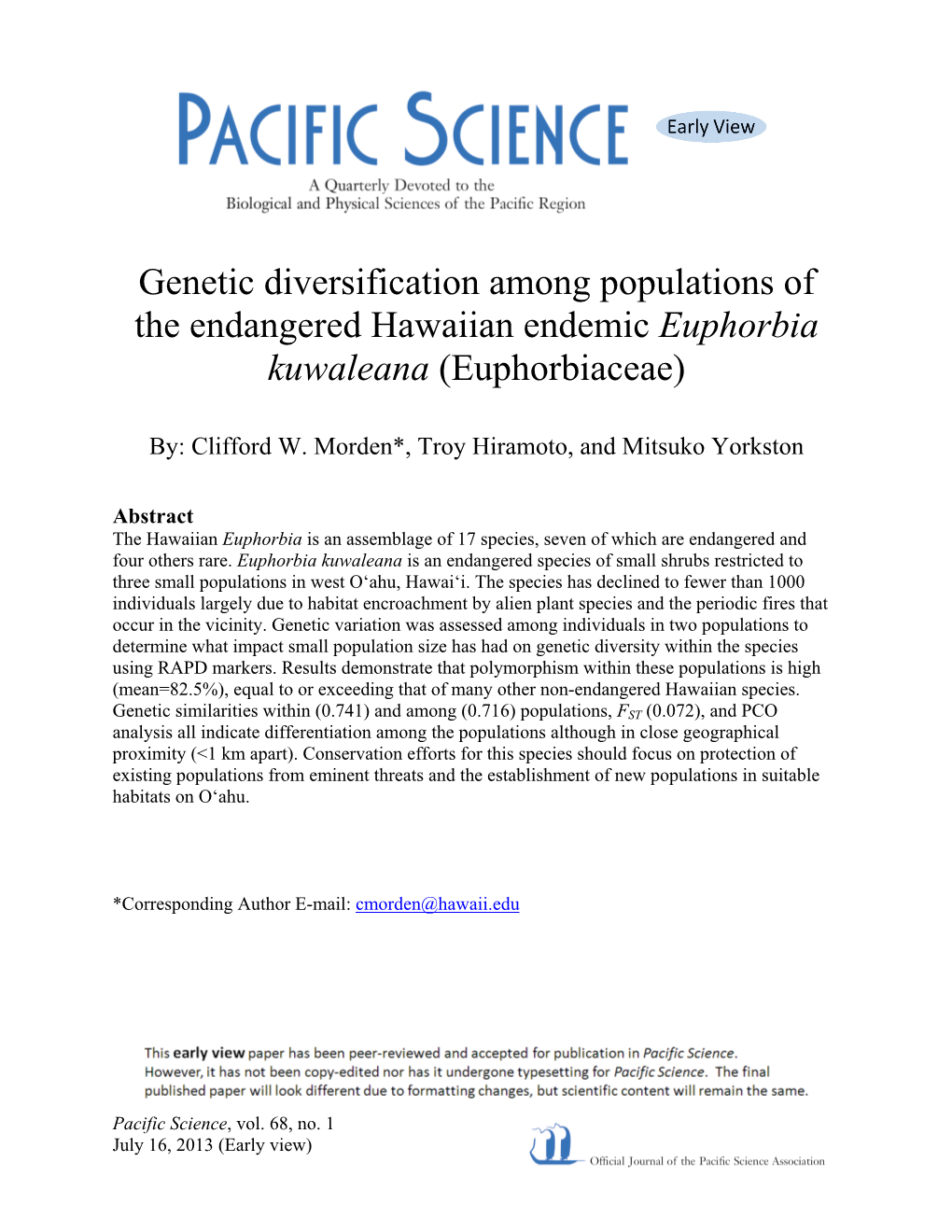 Genetic Diversification Among Populations of the Endangered Hawaiian Endemic Euphorbia Kuwaleana (Euphorbiaceae)