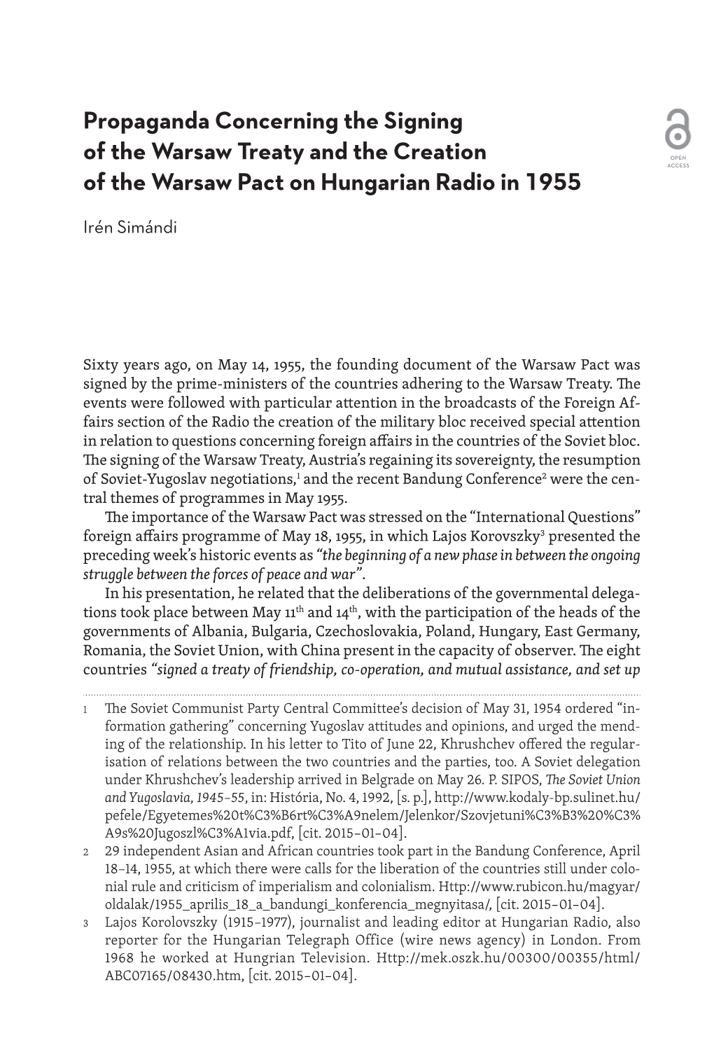 Propaganda Concerning the Signing of the Warsaw Treaty and the Creation OPEN ACCESS of the Warsaw Pact on Hungarian Radio in 1955