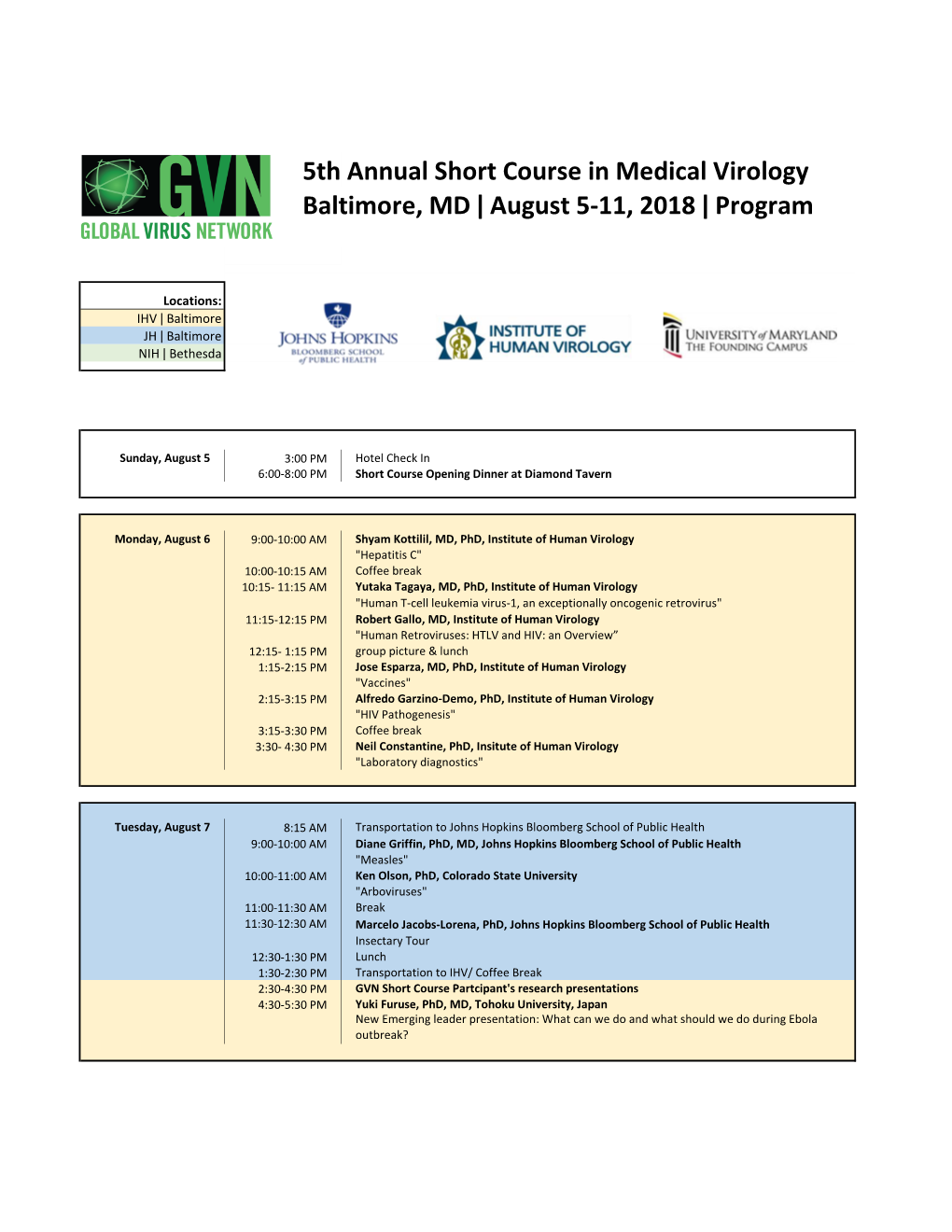 5Th Annual Short Course in Medical Virology Baltimore, MD August 5-11