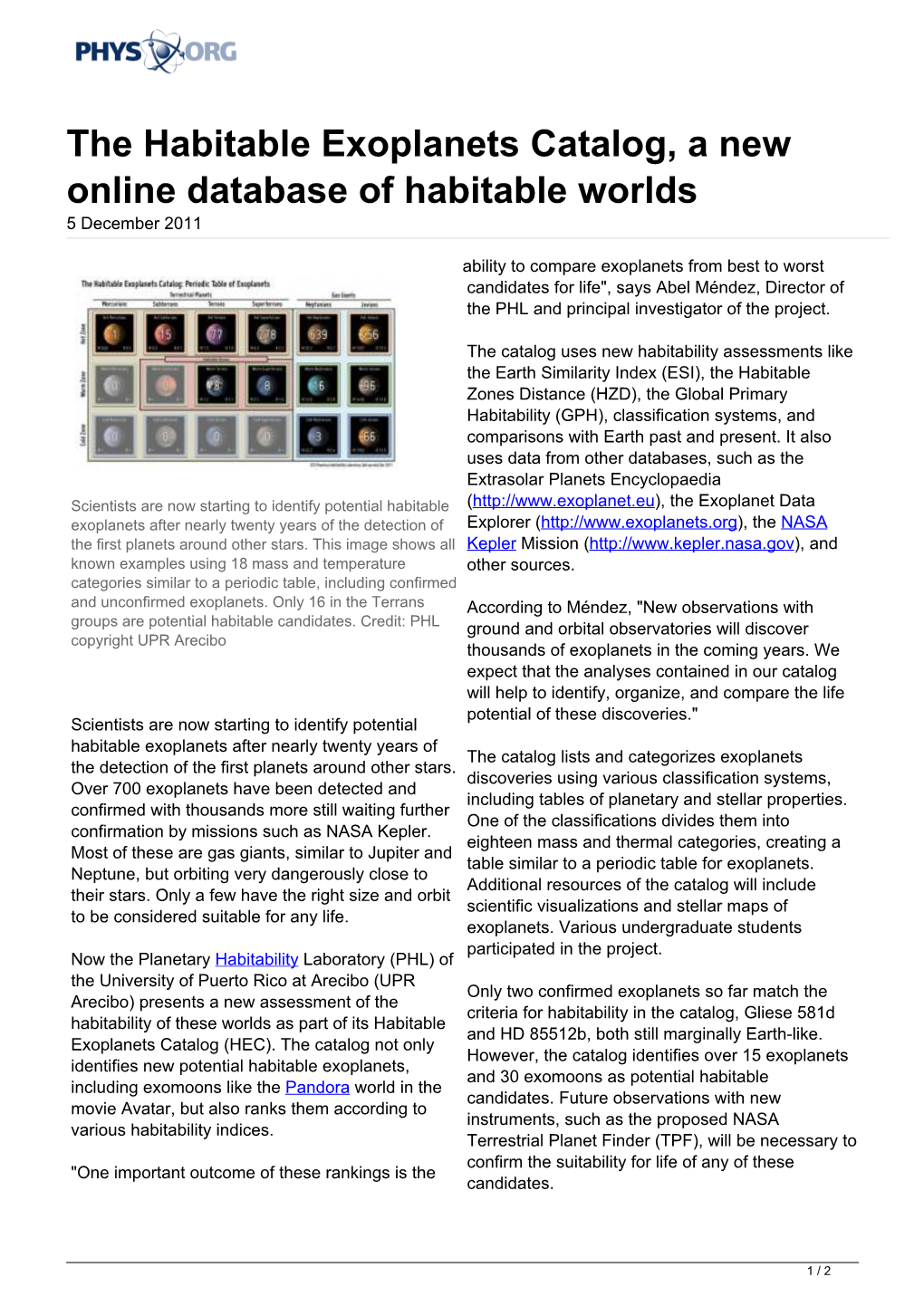 The Habitable Exoplanets Catalog, a New Online Database of Habitable Worlds 5 December 2011