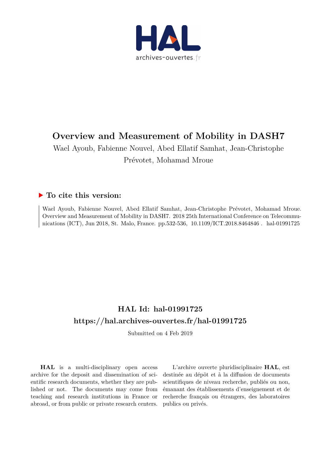 Overview and Measurement of Mobility in DASH7 Wael Ayoub, Fabienne Nouvel, Abed Ellatif Samhat, Jean-Christophe Prévotet, Mohamad Mroue