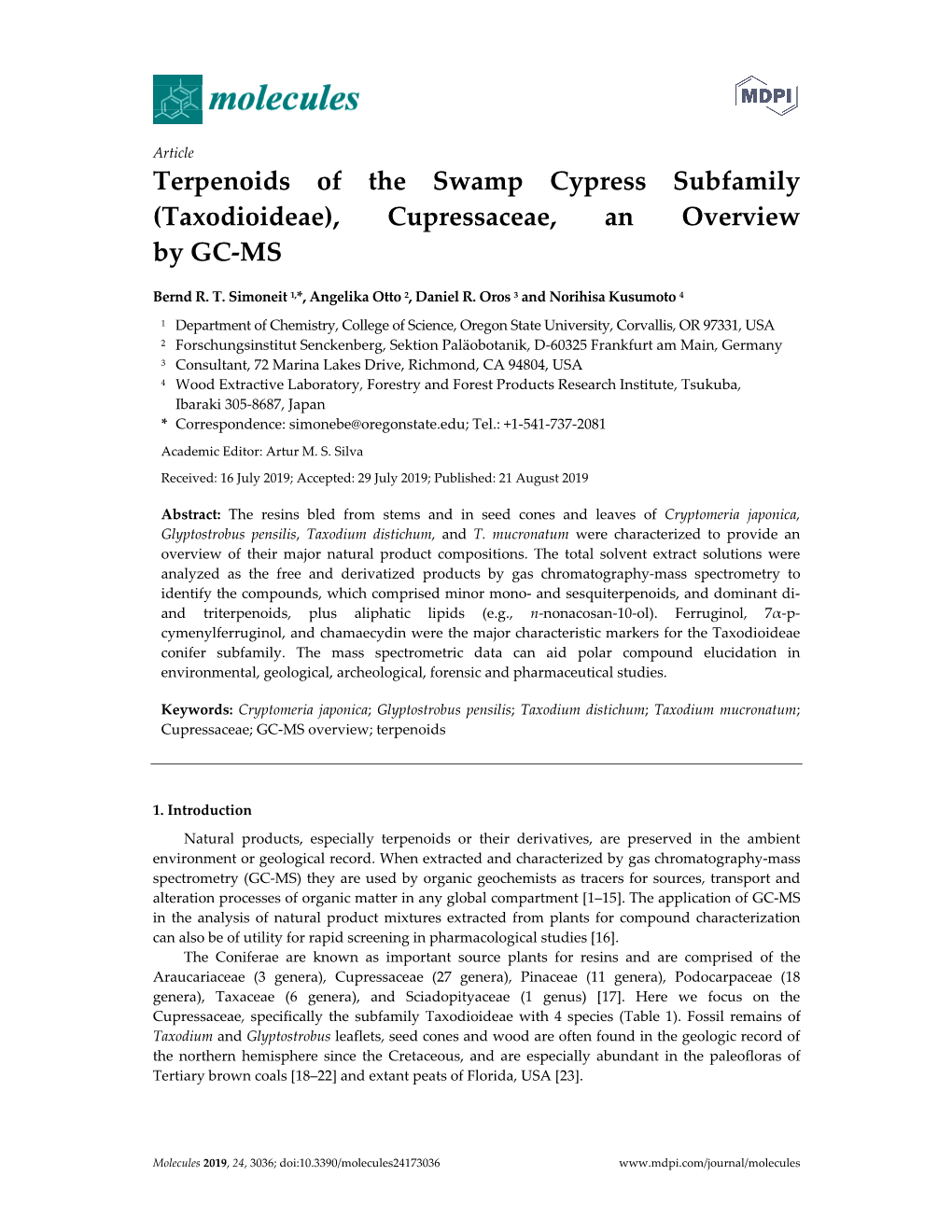 (Taxodioideae), Cupressaceae, an Overview by GC-MS