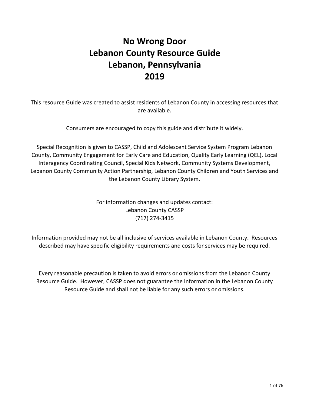 No Wrong Door Lebanon County Resource Guide Lebanon, Pennsylvania 2019