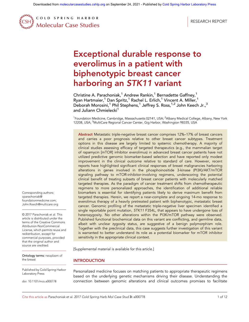 Exceptional Durable Response to Everolimus in a Patient with Biphenotypic Breast Cancer Harboring an STK11 Variant