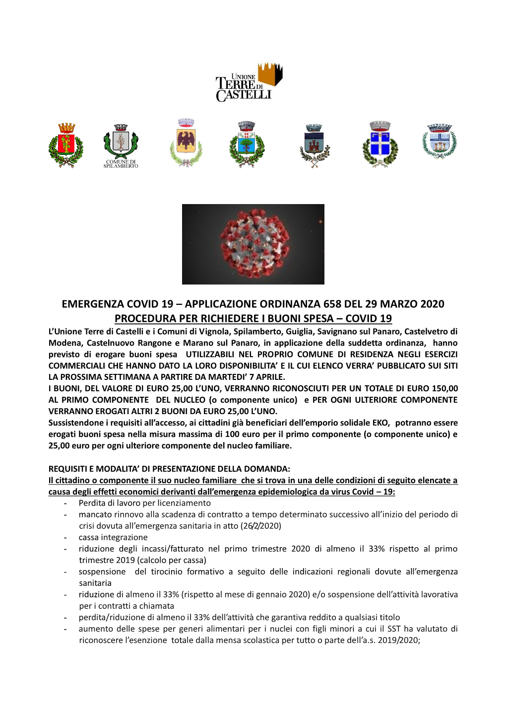 Emergenza Covid 19 – Applicazione Ordinanza 658 Del 29 Marzo 2020