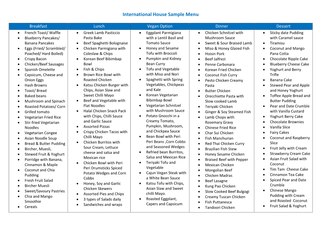 International House Sample Menu